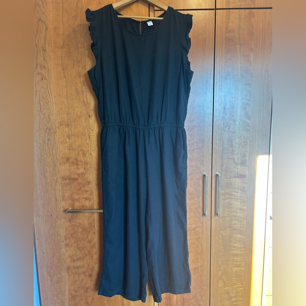 Old Navy Women’s Black Linen Jumpsuit Wide-Leg Ruffled Cap Sleeve Size L